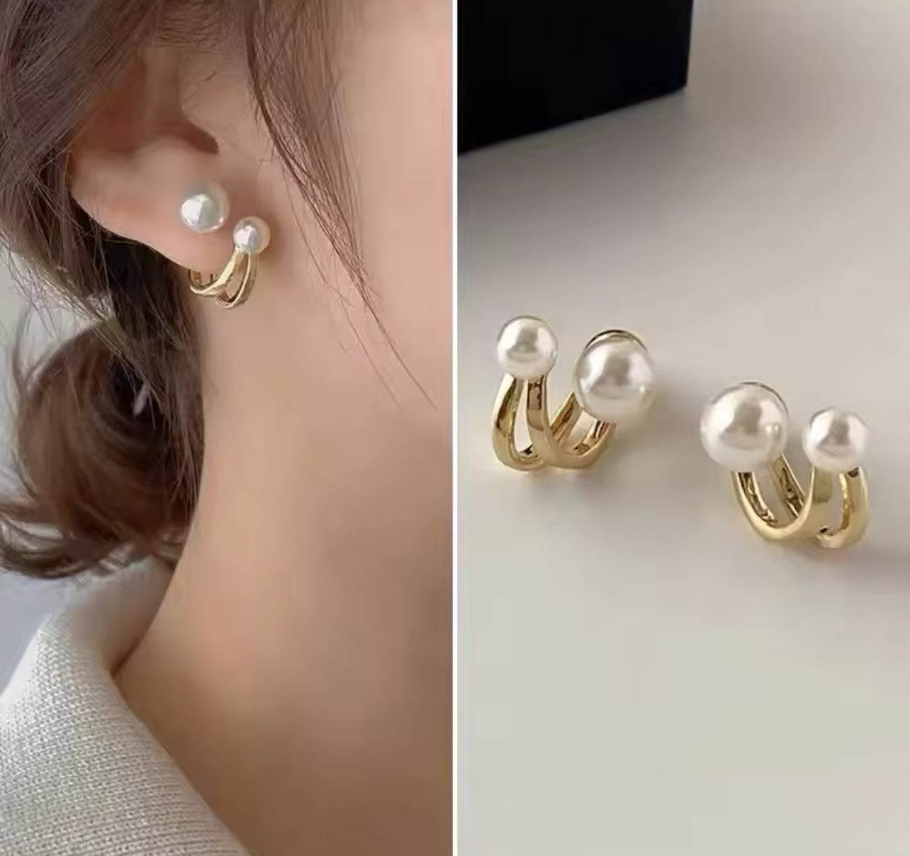 Double Pearl Gold Hoops