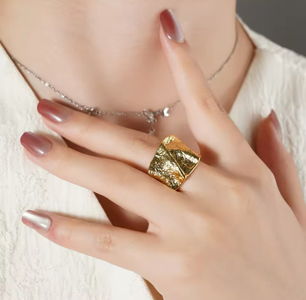 Topaz Crushed Gold Statement Ring - Adjustable