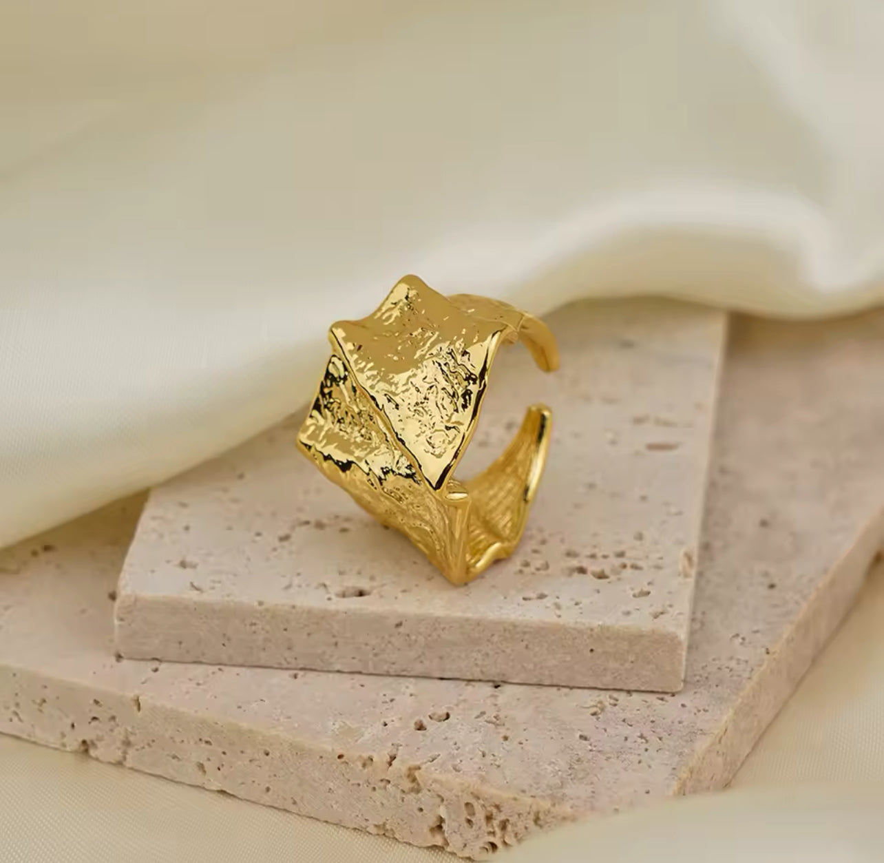 Topaz Crushed Gold Statement Ring - Adjustable