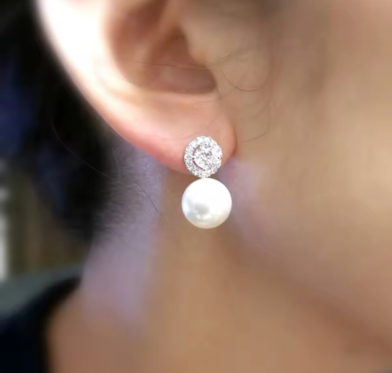 Diamond Stud with Dangling Pearl Earring