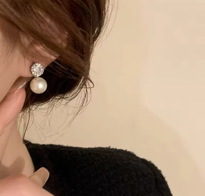 Diamond Stud with Dangling Pearl Earring